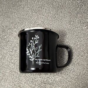 Black Enamel Mug with White Floral Design